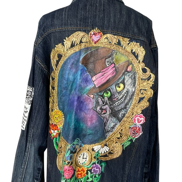 Hand Painted Alice in Wonderland | Cheshire Cat | Denim Jacket | Oversized | XXL - Picture 2 of 14